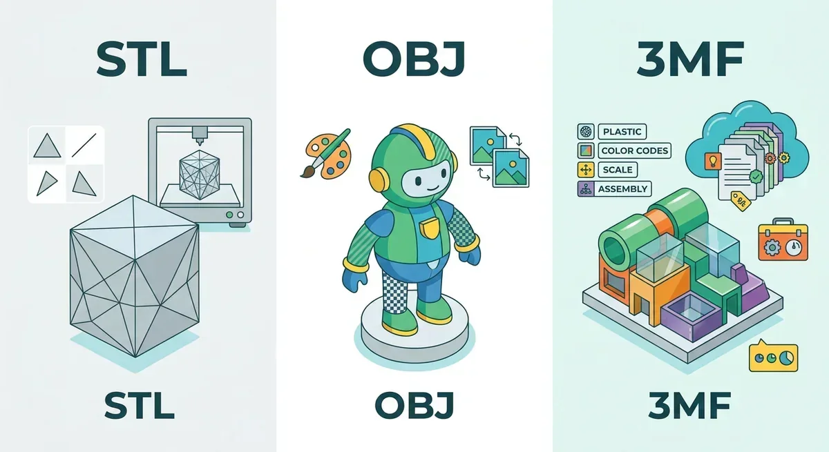 Illustration comparing STL, OBJ, and 3MF 3D printer file formats with icons and models.