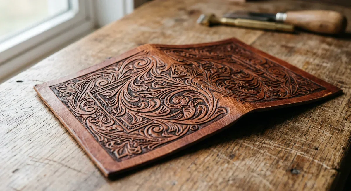 Intricately laser-engraved vegetable-tanned leather piece on a wooden table.