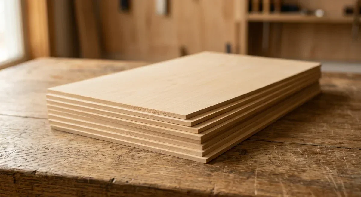 Stack of basswood sheets on a wooden table, ideal for laser engraving due to uniform grain.