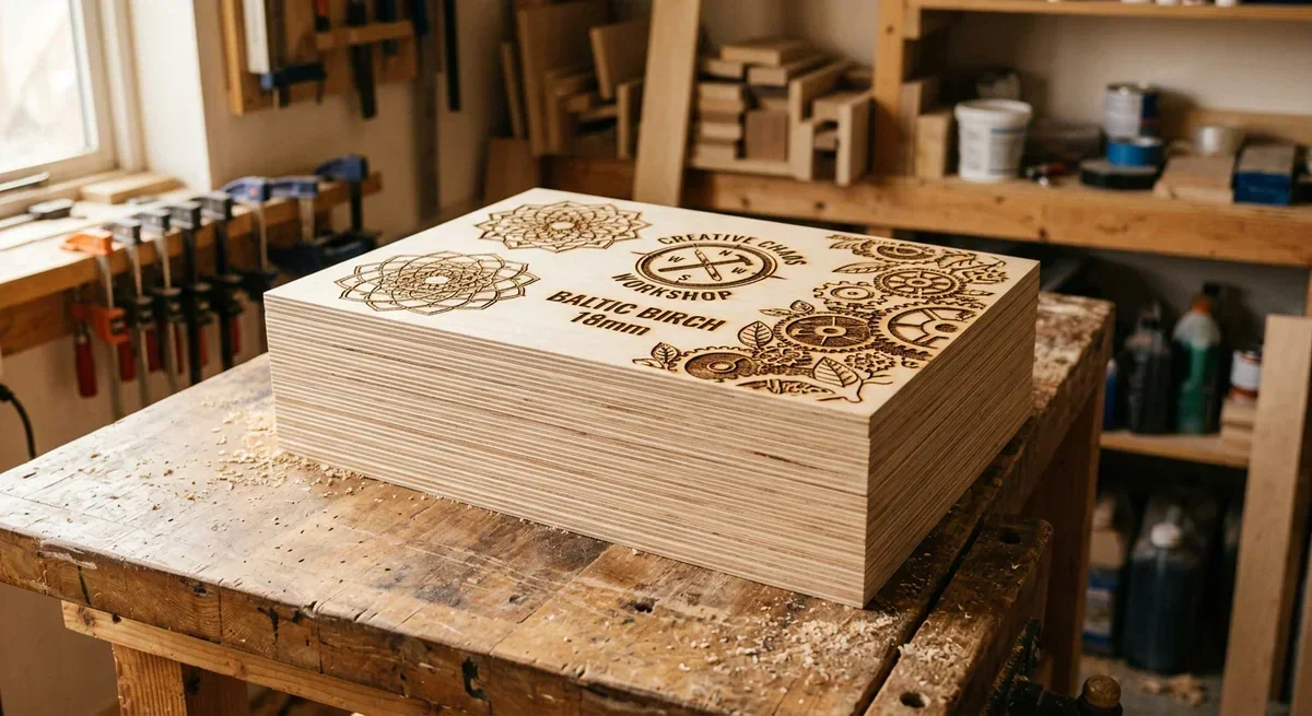 Laser-engraved Baltic birch wood sheet with intricate designs in a workshop setting.