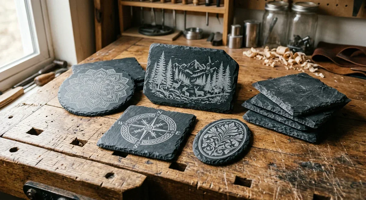 Laser-engraved slate pieces with intricate designs on a wooden workbench.