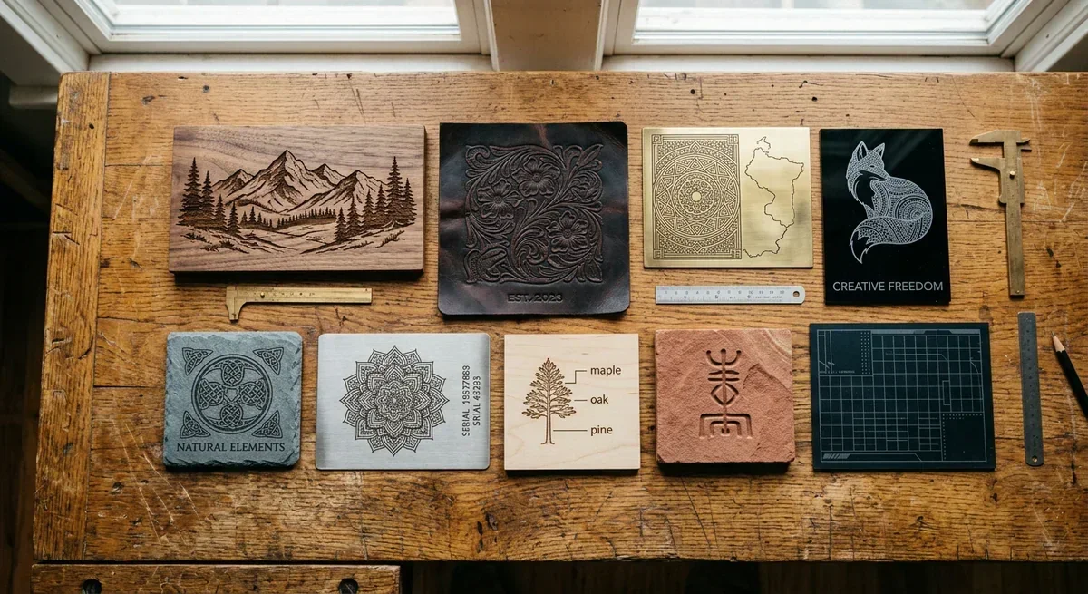 Various laser-engraved materials including wood, leather, metal, and stone displayed on a wooden table.