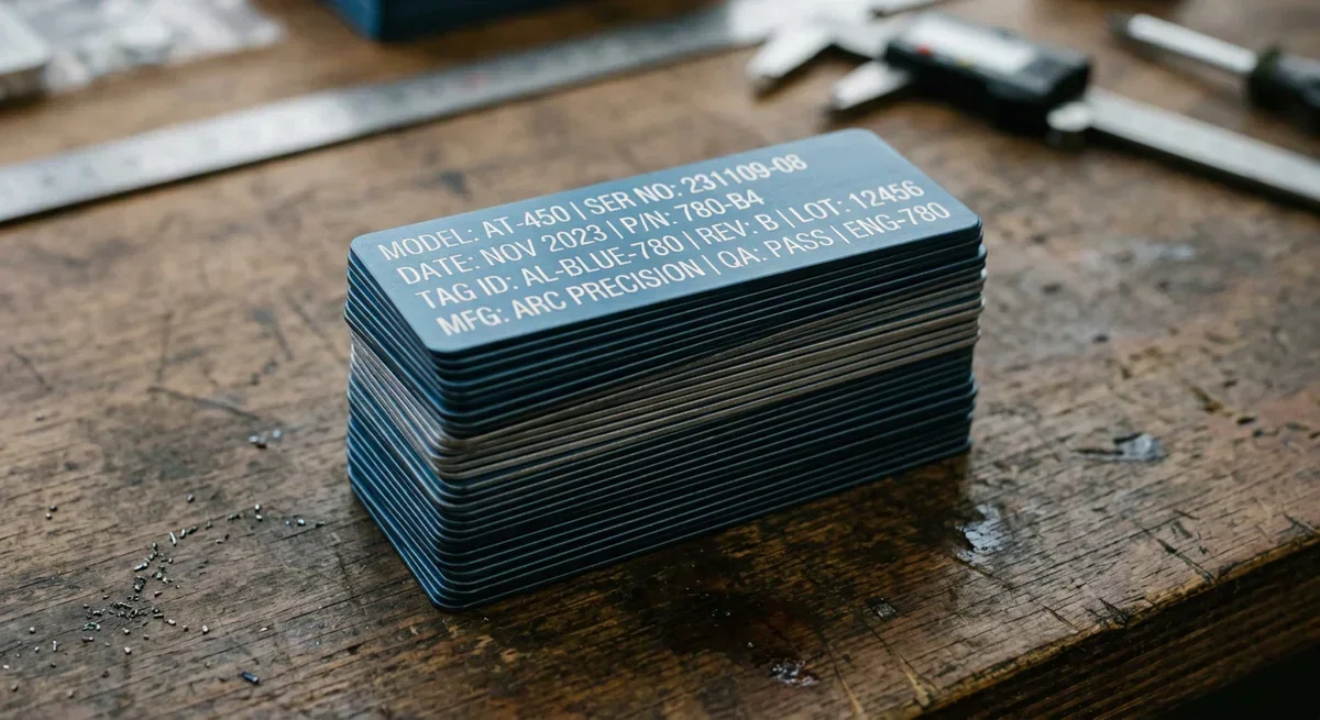 Stack of blue metal tags with laser-engraved text on a wooden workbench.