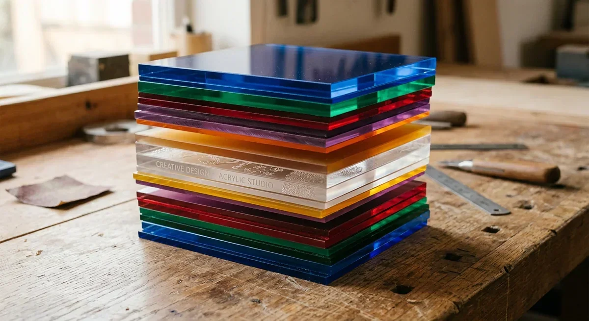 Stack of colorful acrylic sheets with engraved text on a wooden workbench.