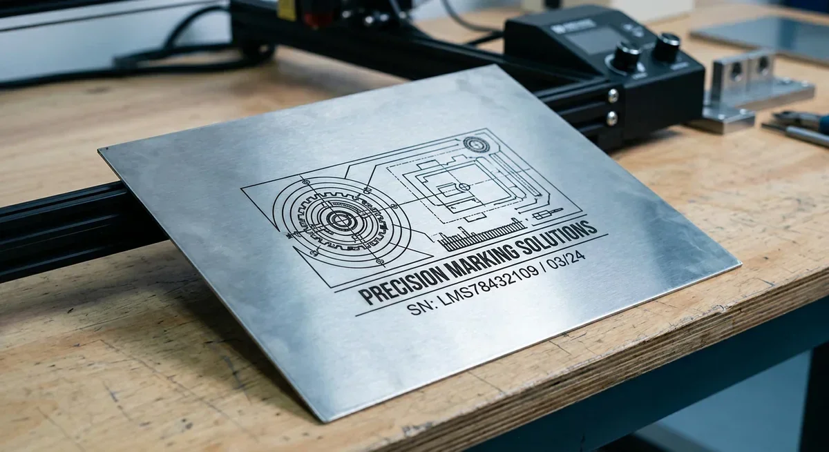 Laser-engraved stainless steel plate with technical design and 'Precision Marking Solutions' text.