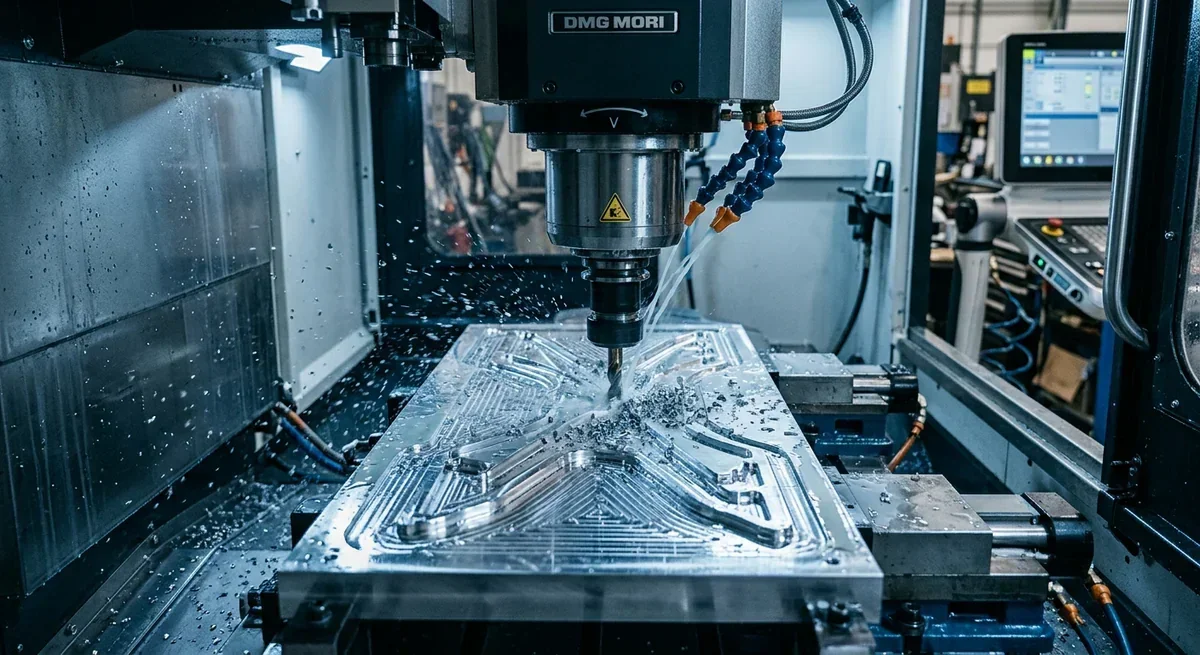 CNC machine milling a metal workpiece with coolant spraying, DMG MORI branding visible.