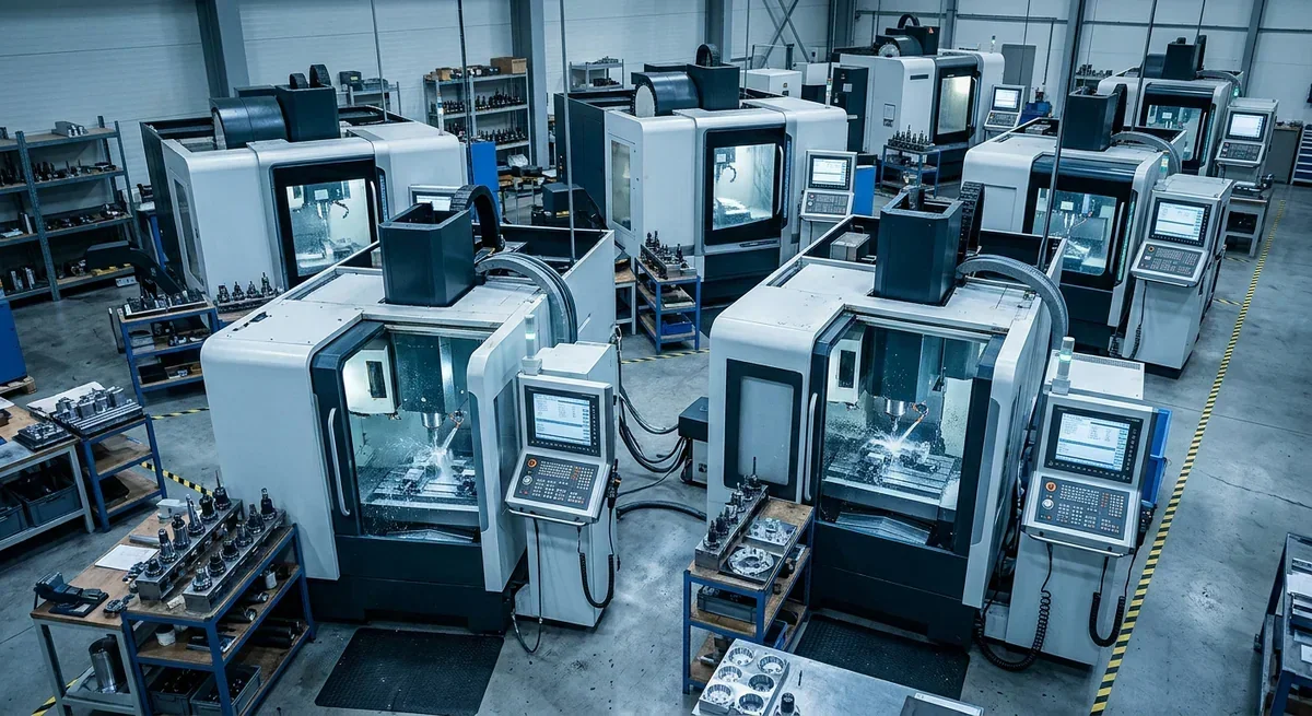 Multiple CNC machining centers in a factory setting with control panels and workstations.