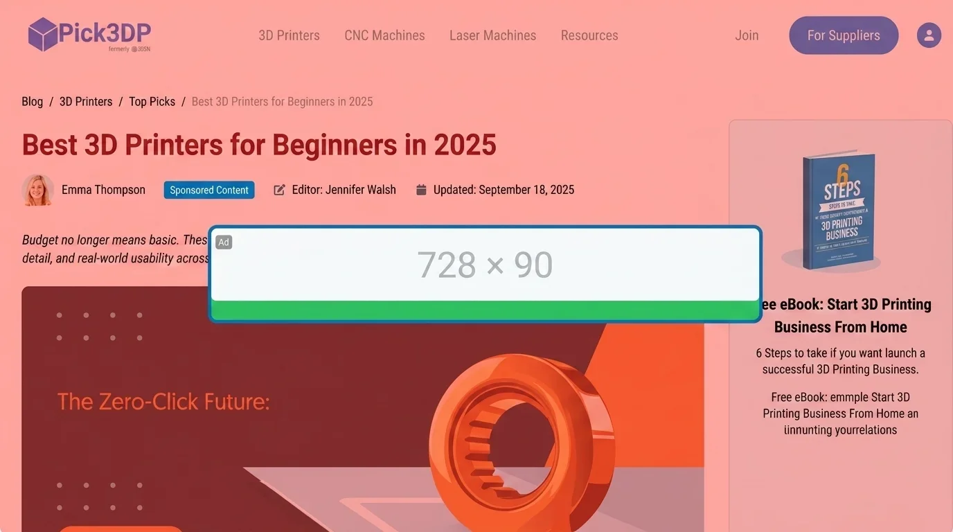 Pick3DP website showing an article titled 'Best 3D Printers for Beginners in 2025' with an advertisement overlay.