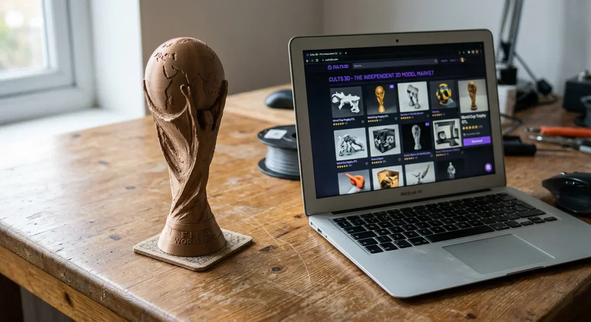 3D printed World Cup trophy next to a laptop displaying Cults3D STL files.