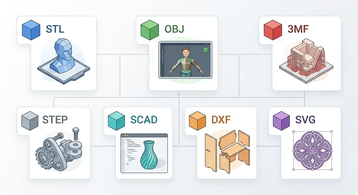 Illustration of file formats STL, OBJ, 3MF, STEP, SCAD, DXF, and SVG for 3D modeling and CNC use.
