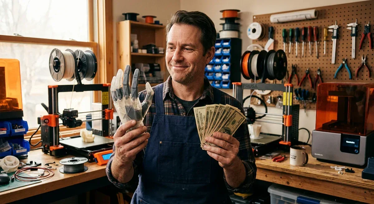 Man holding a 3D printed prosthetic hand and cash in a workshop with 3D printers.