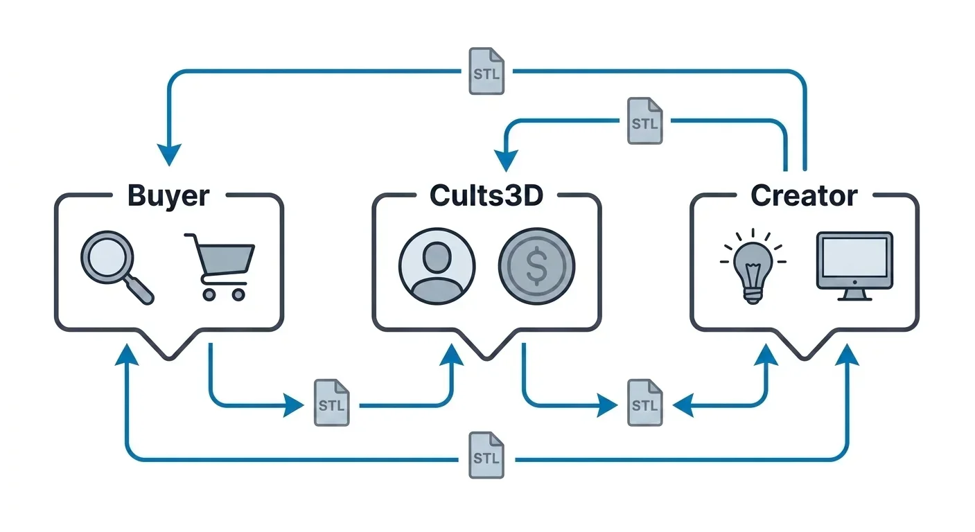 Diagram showing Cults3D STL file exchange between buyers and creators.