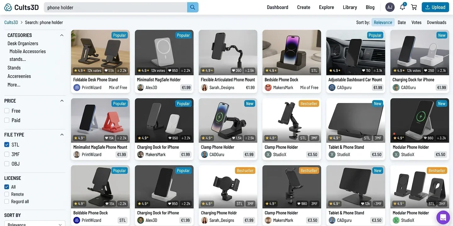 Cults3D search results for phone holders showing various STL file designs and ratings.
