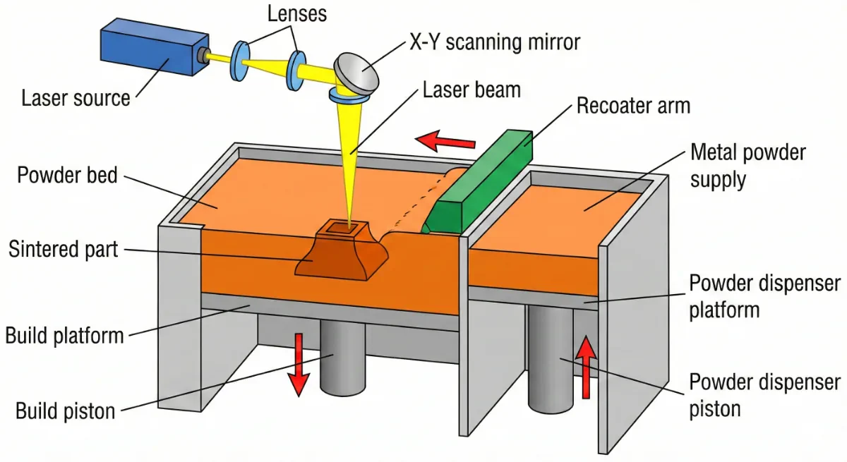 Diagram of DMLS process showing laser source, powder bed, recoater arm, and build platform.