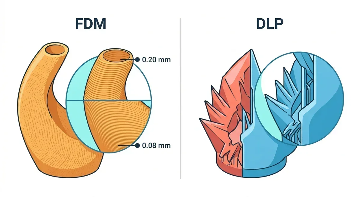 Comparison of FDM and DLP 3D printing showing layer heights and detail resolution.