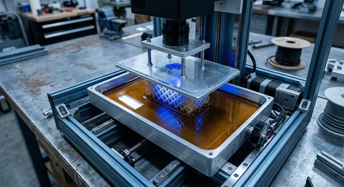 DLP 3D printer with a digital projector curing resin in a vat, showcasing intricate lattice structure.