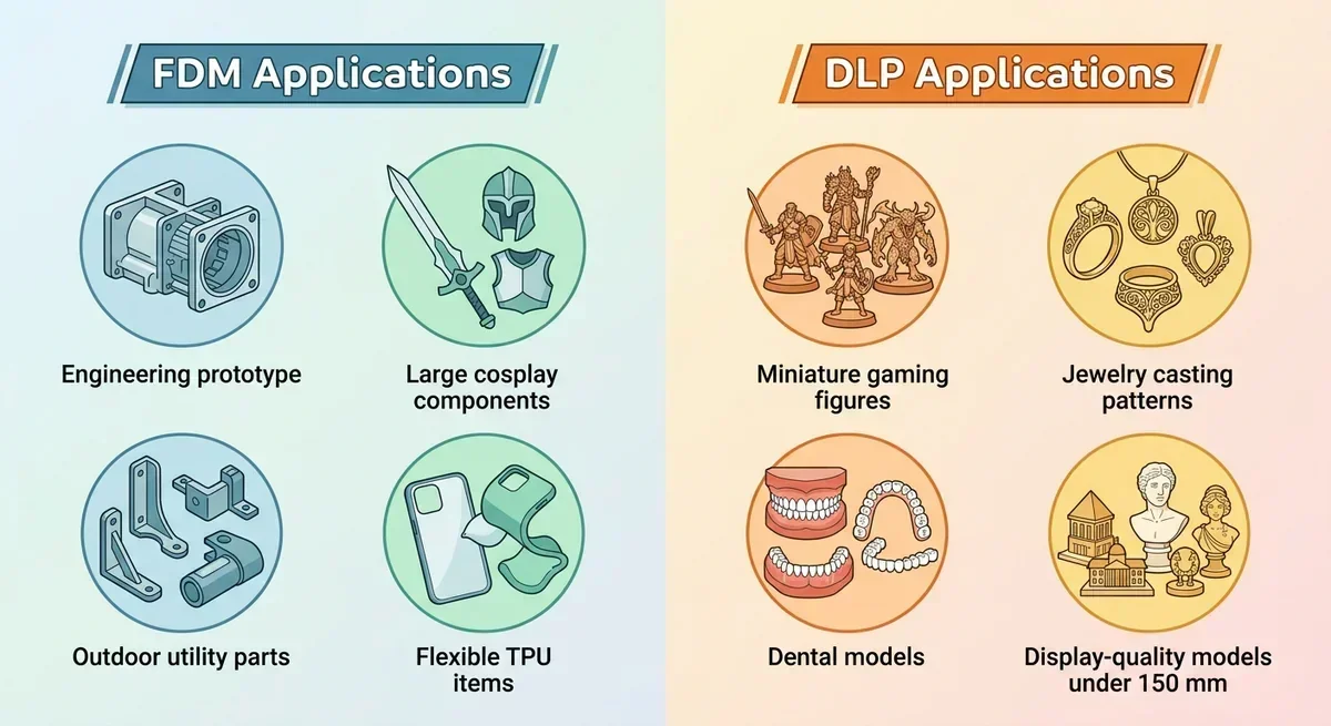 Comparison of FDM and DLP applications: engineering prototypes, cosplay components, gaming figures, dental models.