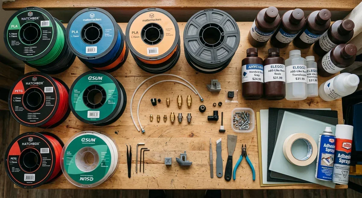 FDM filament spools and DLP resin bottles with various 3D printing tools on a wooden table.