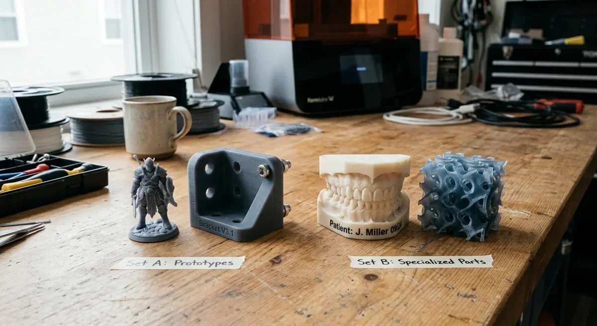 3D printed prototypes and specialized parts on a workbench, including a miniature figure, bracket, dental model, and lattice structure.