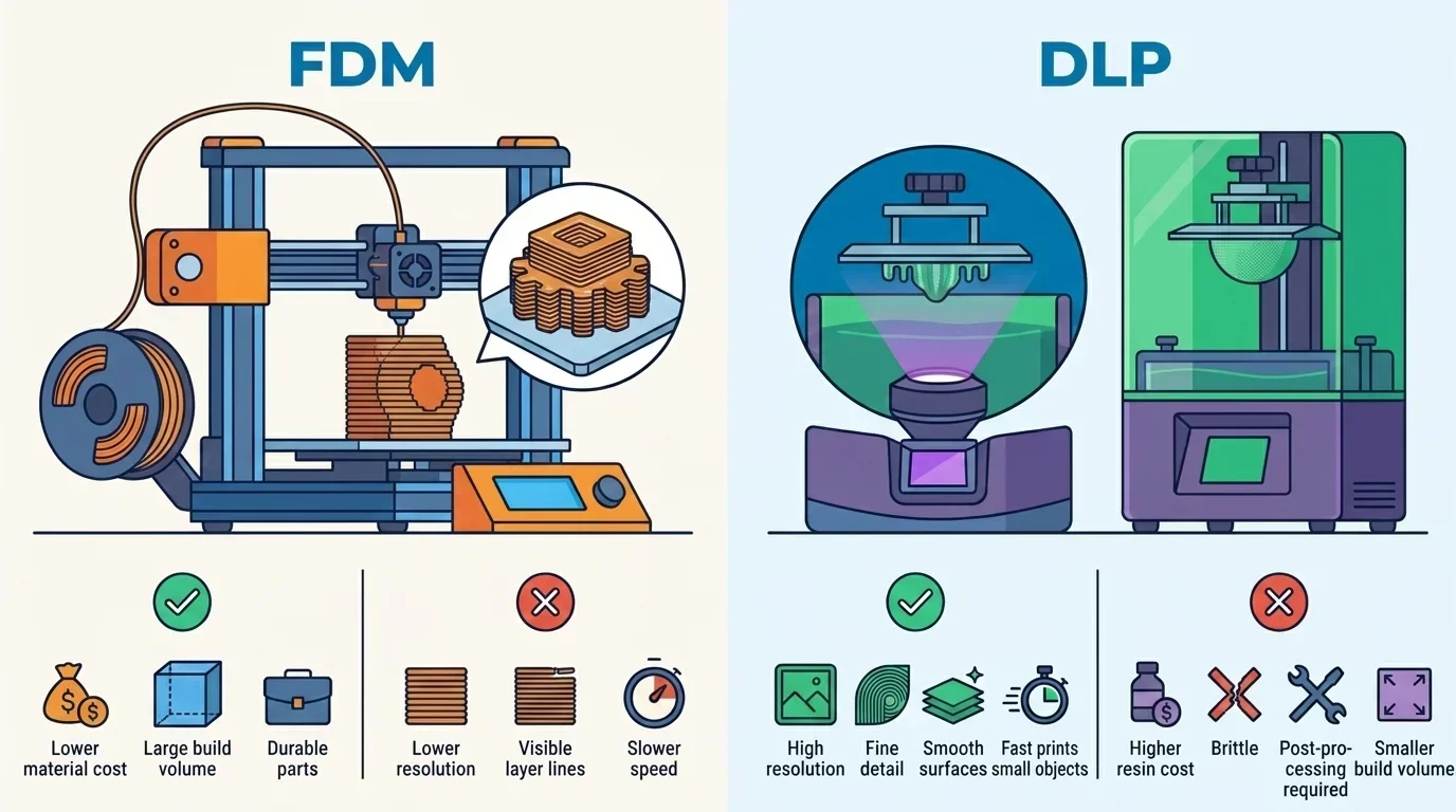 Comparison of FDM and DLP 3D printing technologies showing key differences in build volume, resolution, and material cost.
