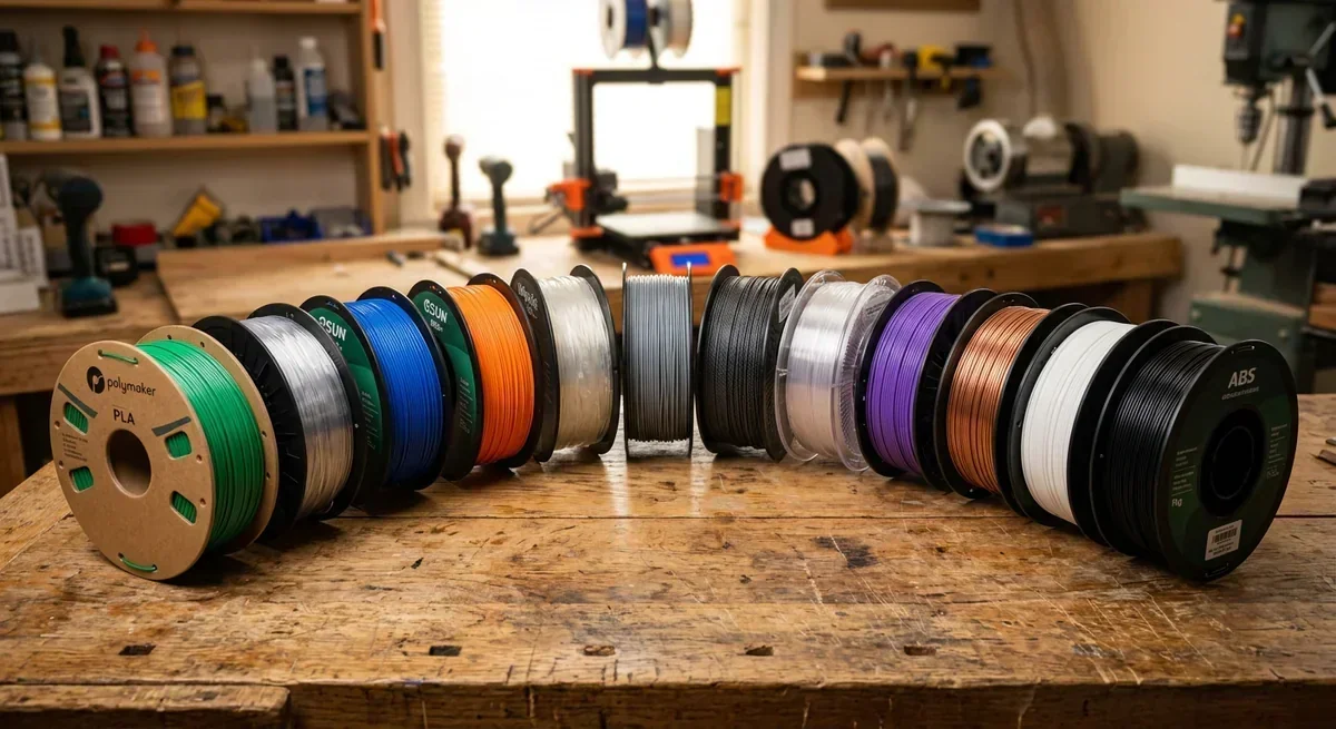 Various spools of 3D printing filament including PLA and ABS on a wooden workbench.