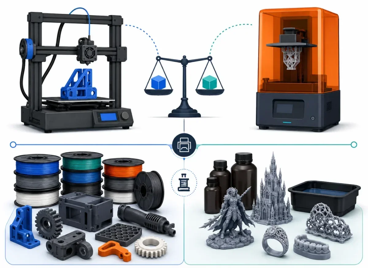 Comparison of FDM and DLP 3D printers with filament spools and resin prints.