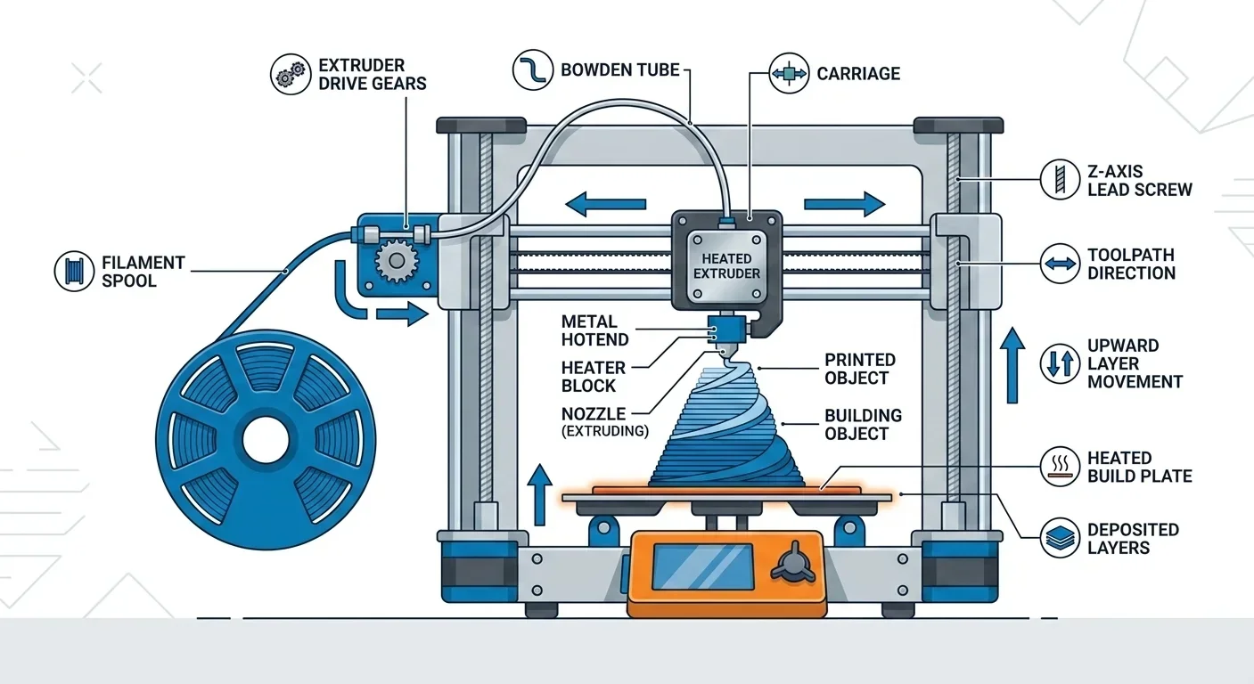Diagram of FDM 3D printer showing filament spool, extruder, heated build plate, and printed object.