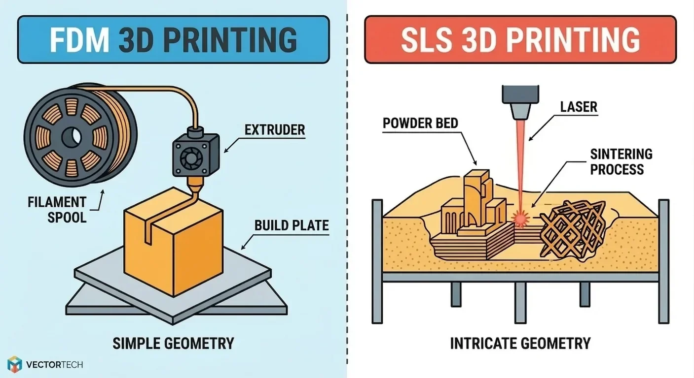 Comparison of FDM and SLS 3D printing processes with labeled components.