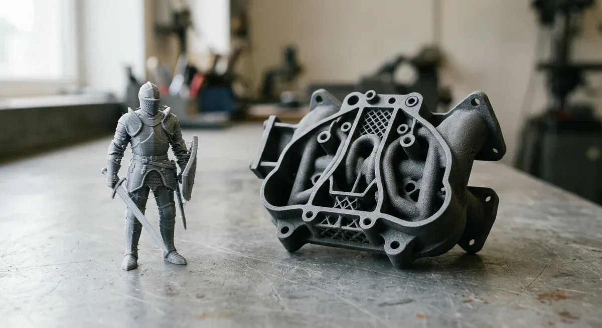 Detailed SLS 3D printed mechanical part next to a small FDM 3D printed knight figurine.