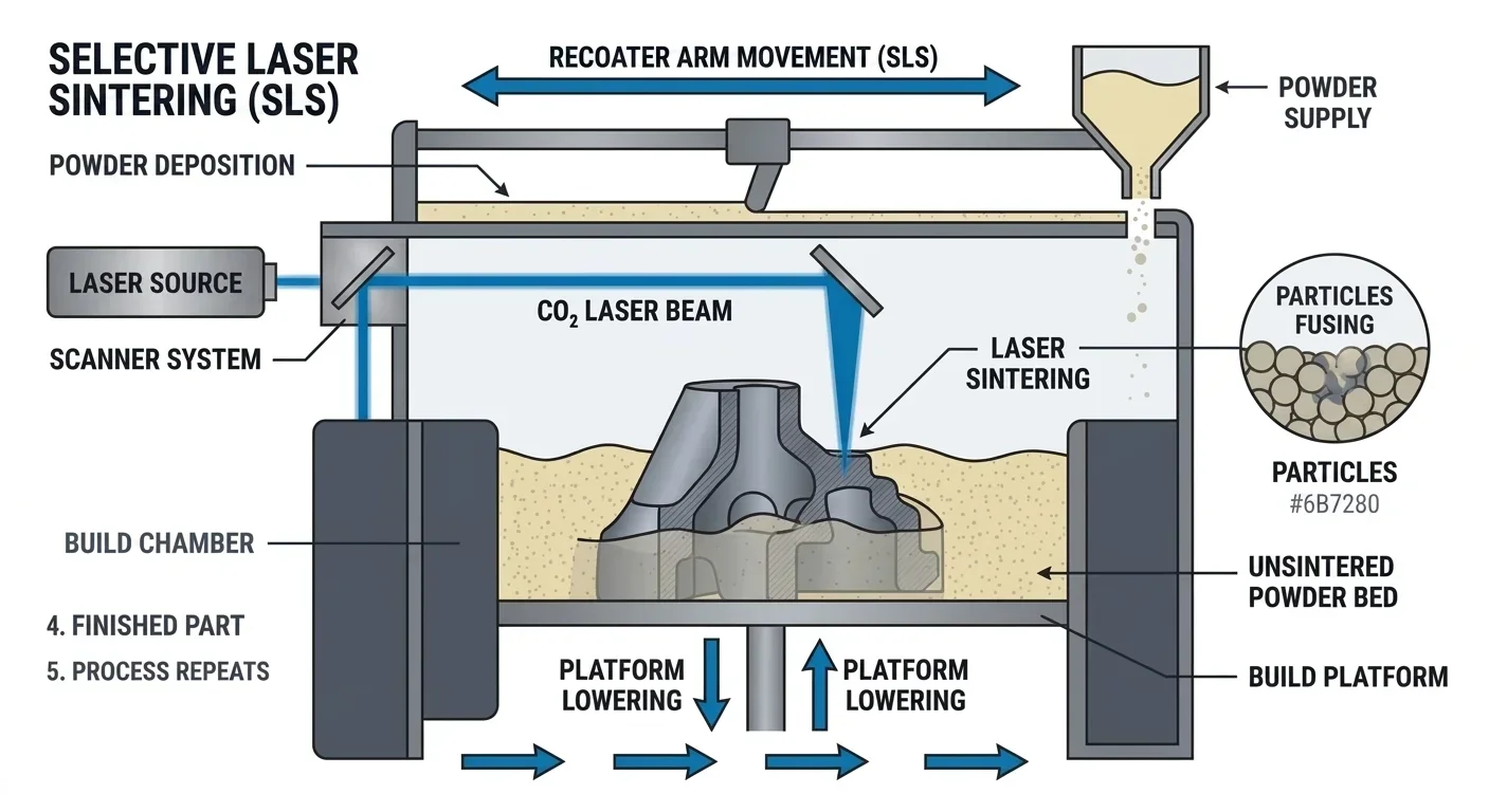 Diagram of Selective Laser Sintering (SLS) process showing laser source, powder deposition, and build chamber.
