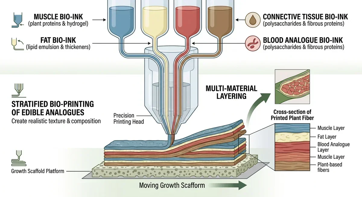 Diagram of stratified bio-printing using muscle, fat, connective tissue, and blood analogue bio-inks.