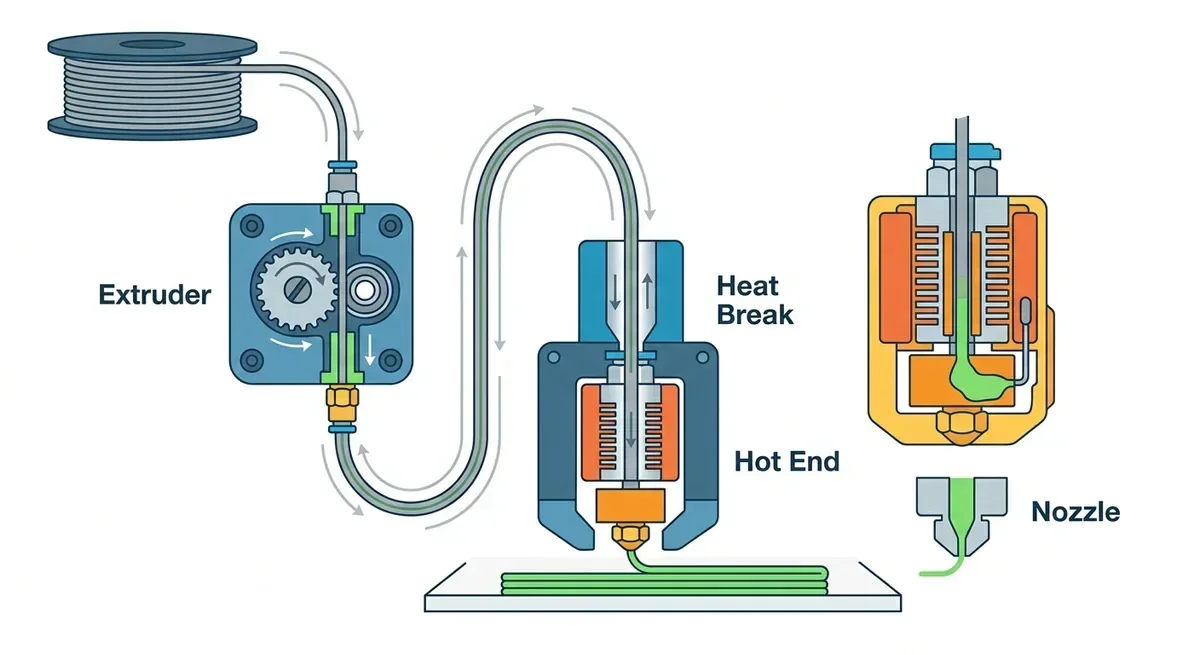 Diagram of 3D printer components: extruder, heat break, hot end, and nozzle.