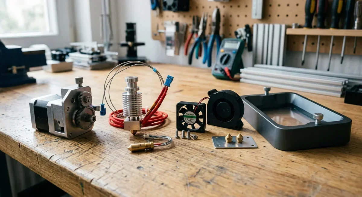 3D printer components including extruder, hotend, fan, and resin vat on a workbench.