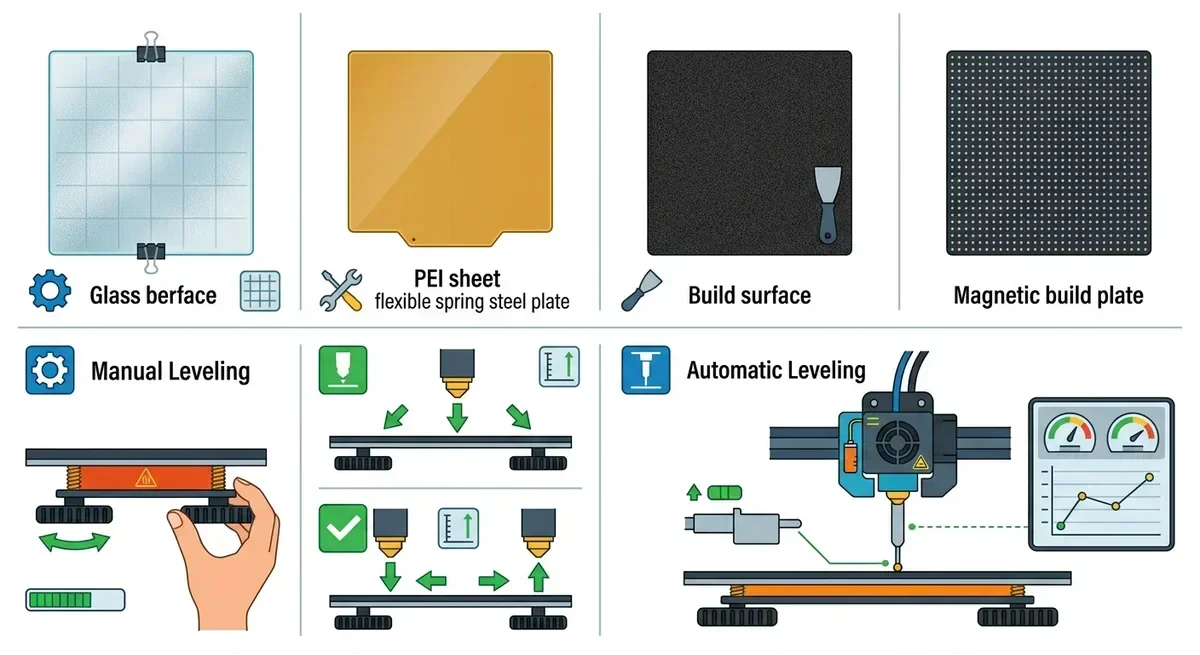 Illustration of 3D printer components: glass bed, PEI sheet, build surface, magnetic plate, manual and automatic leveling.