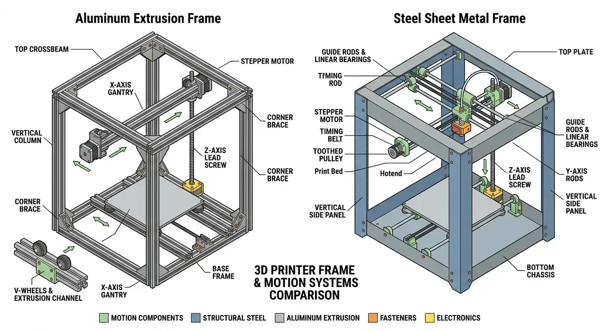 Comparison of aluminum extrusion and steel sheet metal 3D printer frames with labeled components.