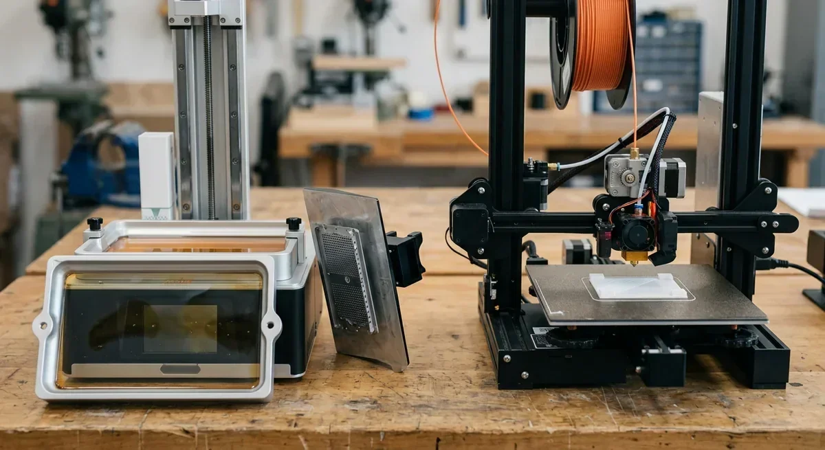 Comparison of an MSLA resin printer and an FDM 3D printer on a wooden workbench.