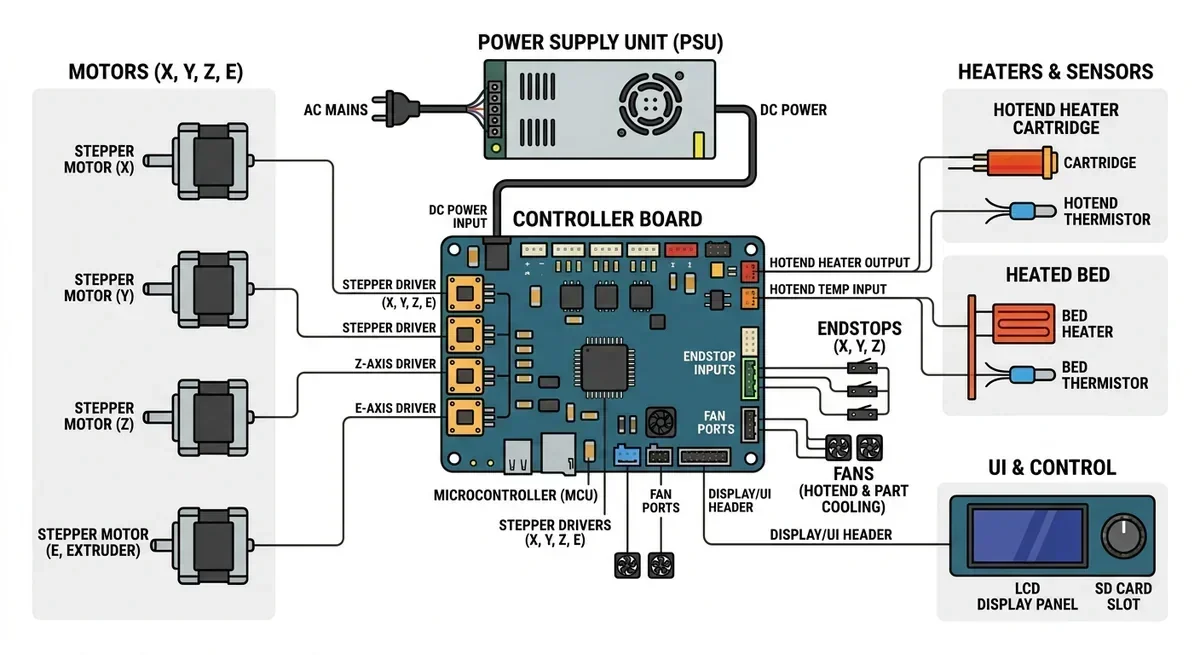 Diagram of 3D printer components including motors, controller board, PSU, heaters, sensors, and UI control.