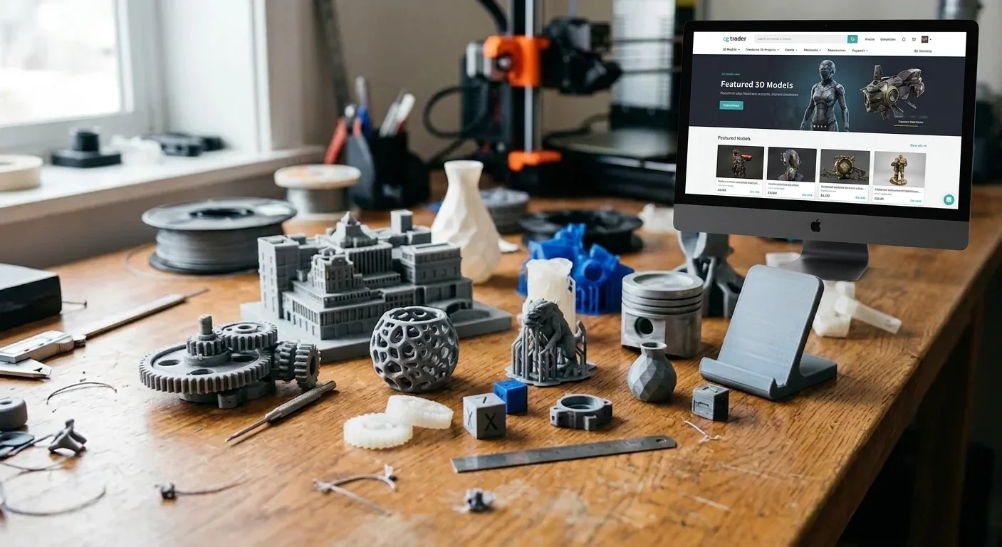 3D printed models and tools on a wooden desk with a computer displaying CGTrader website.