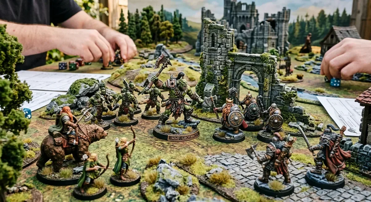 Tabletop game setup with detailed 3D printed fantasy miniatures and terrain.