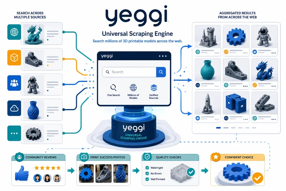 Yeggi search engine infographic showing 3D model aggregation from multiple sources.