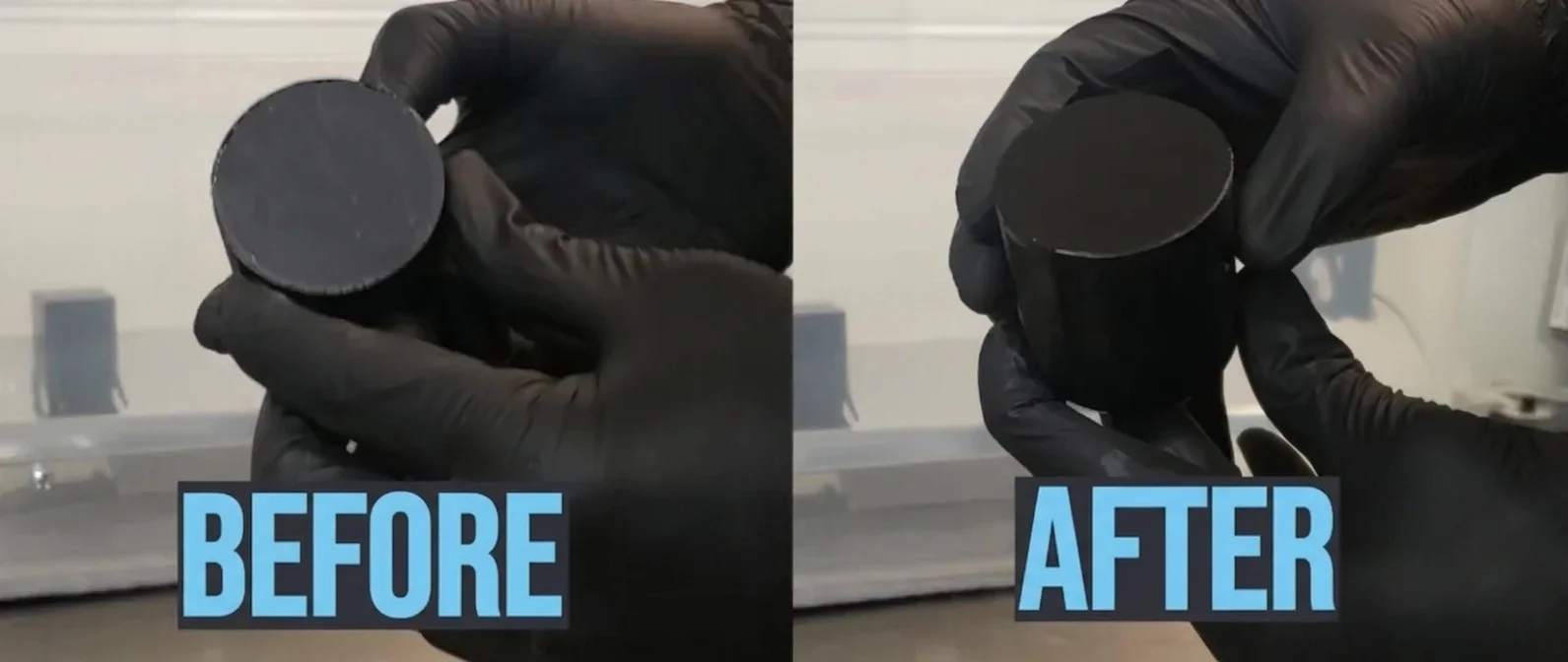 Comparison of 3D printed object before and after resin curing and finishing.