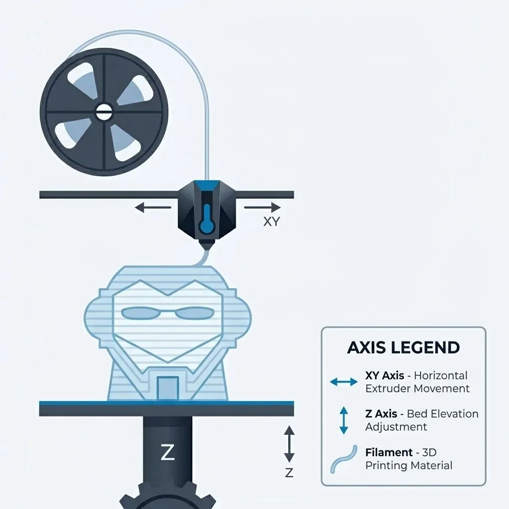 Diagram of FDM 3D printing process showing filament, heated nozzle, and build platform.