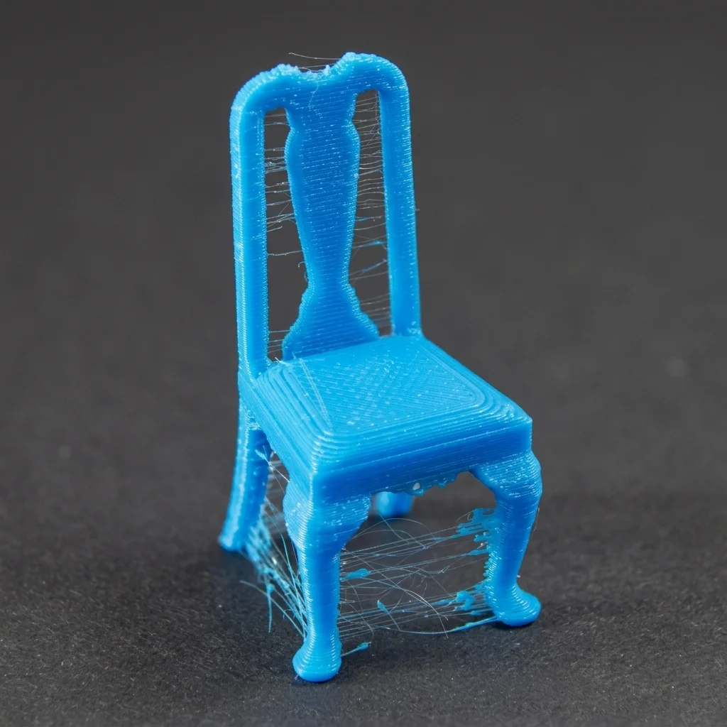 3D printed chair model with stringing and alignment issues