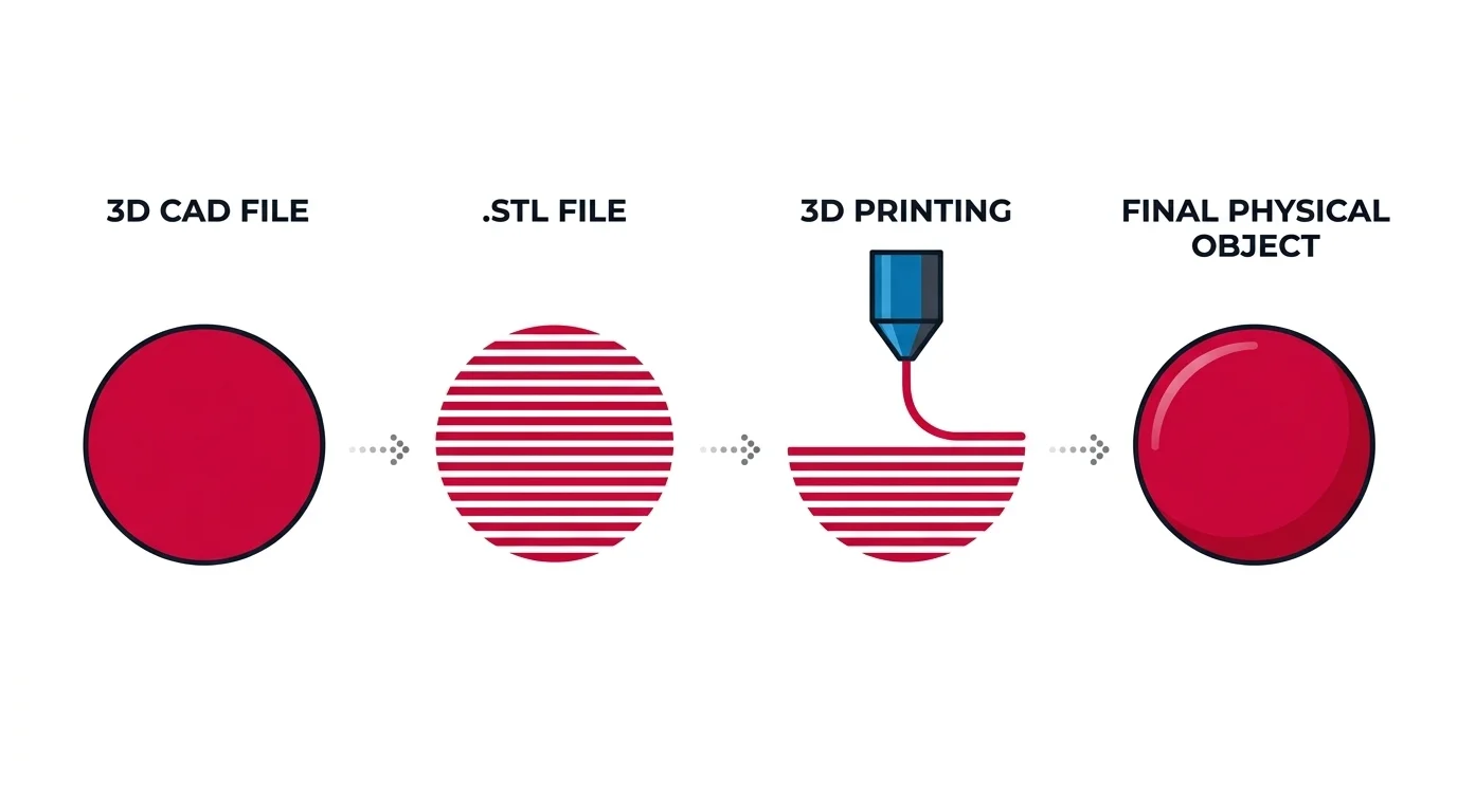 Flowchart showing 3D printing process from CAD file to final physical object.