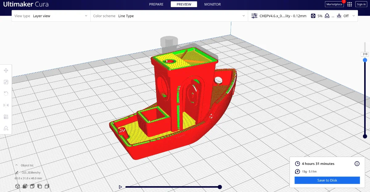 Cura slicer software interface with 3D model toolpath visualization.