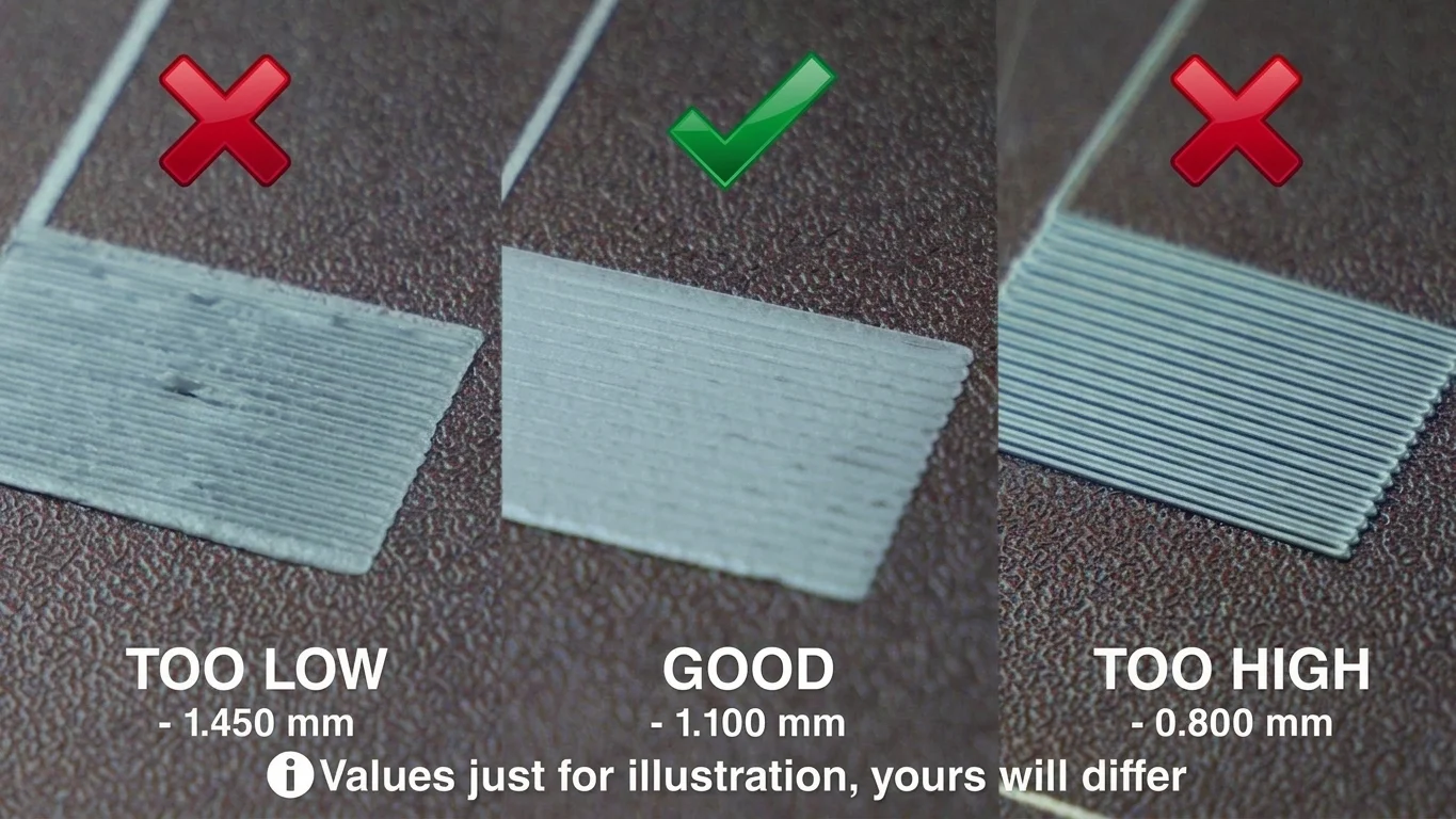 Examples of resin print layers showing common issues in 3D printing: too low, good, and too high layer heights.