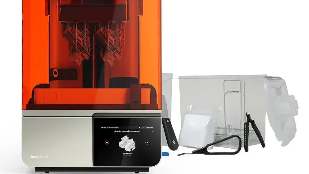 Resin 3D printer with tools, highlighting UV sensitivity and print quality care.